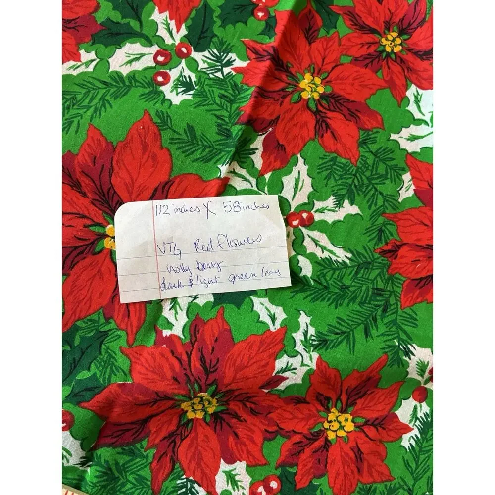Vtg Christmas Fabric Poinsettia Green Red Holly 112x58 Cotton Uncut 3 Yds New